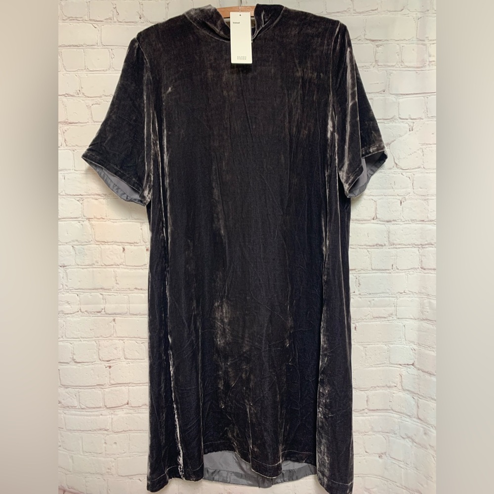 NEW Eileen Fisher Charcoal Crushed Silk Blend Velvet Tie Back Dress Size S - Picture 3 of 8